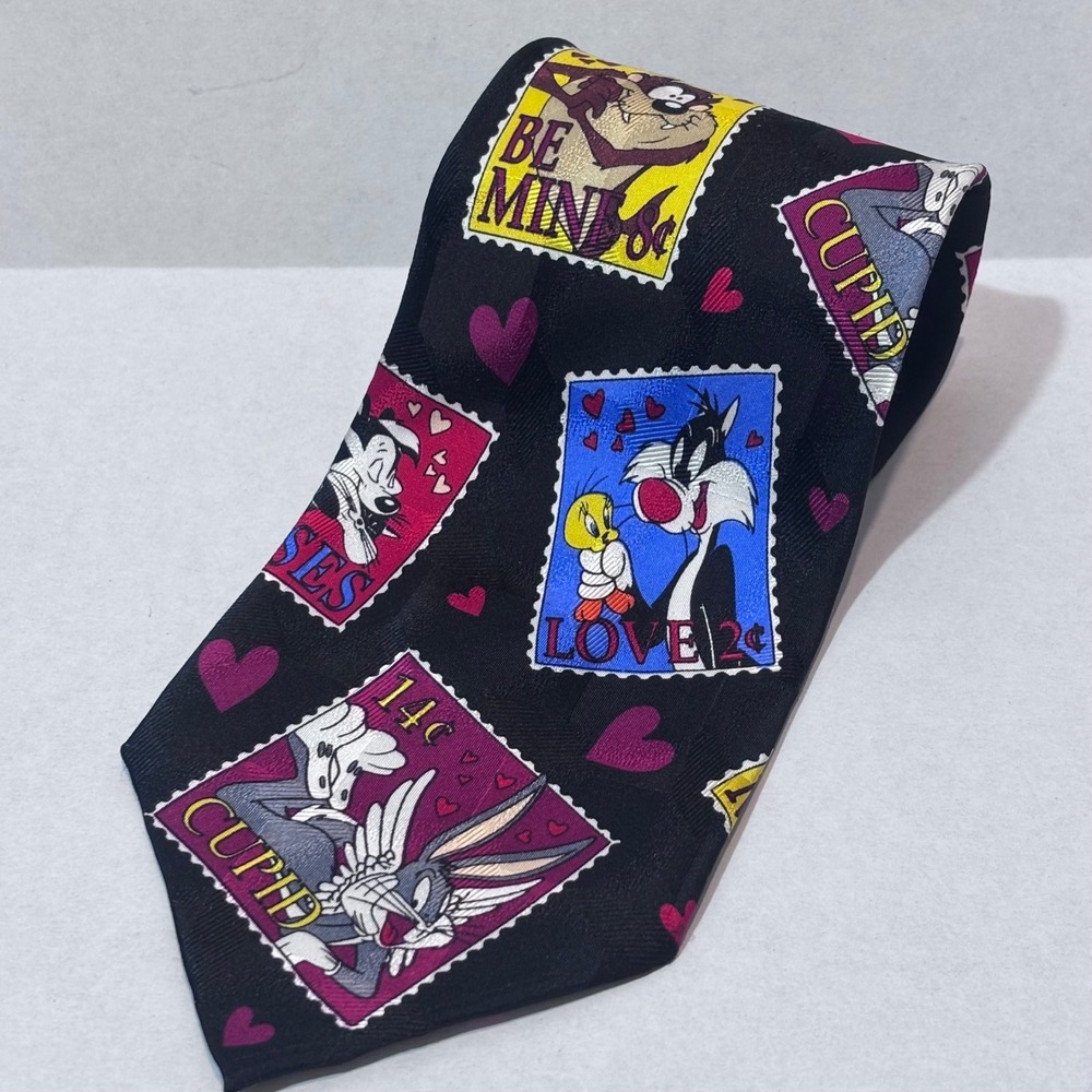 Looney Tunes Men's 100% Silk Neck Tie Black Valentine Stamp Print Bugs Taz Cupid